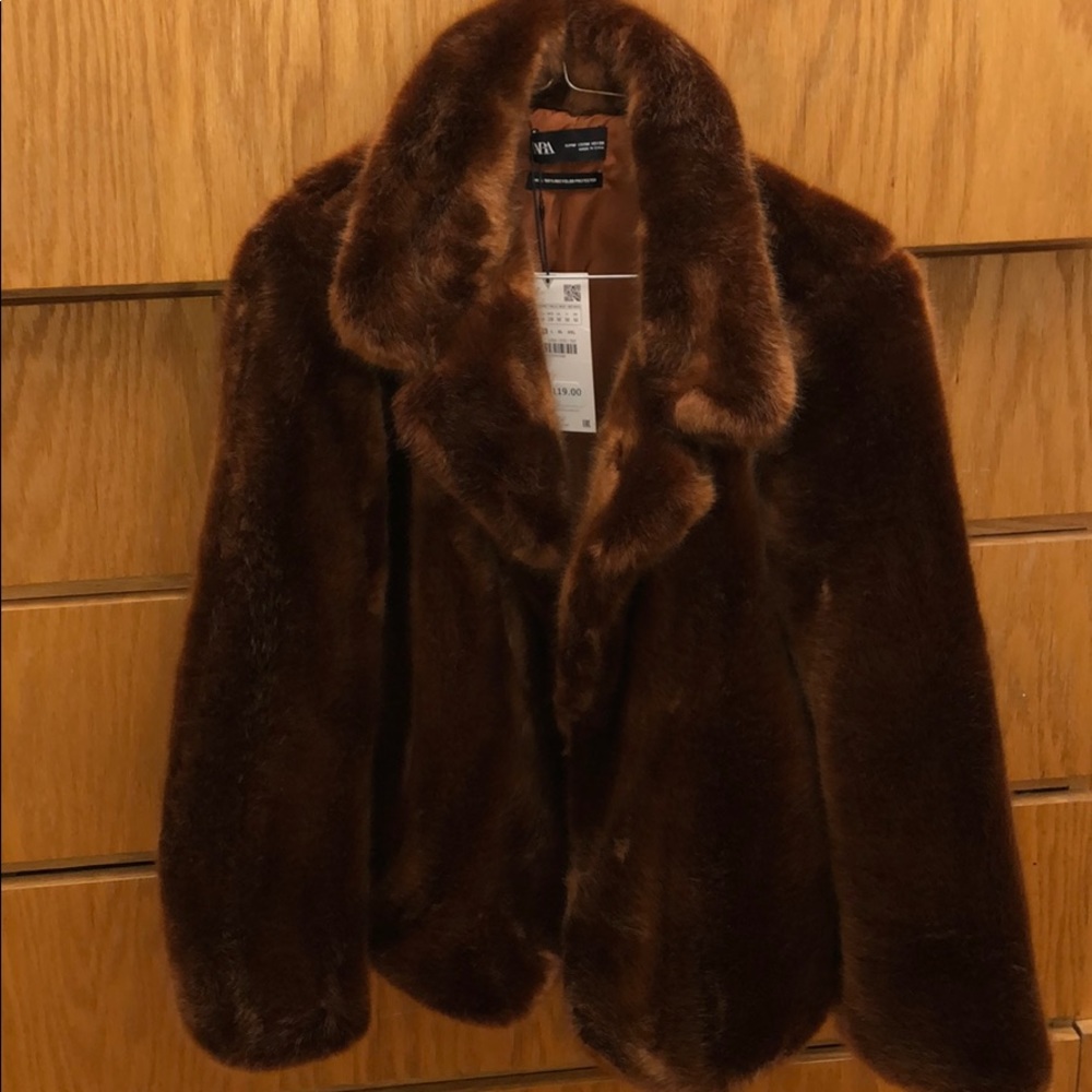 Zara brown faux fur jacket size medium brand new